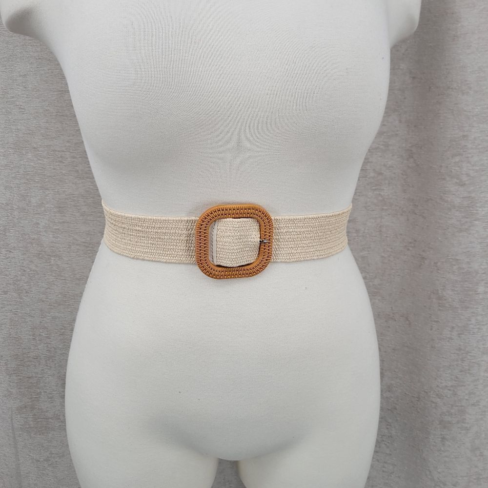 Cream Woven Stretch Belt with Tan Buckle